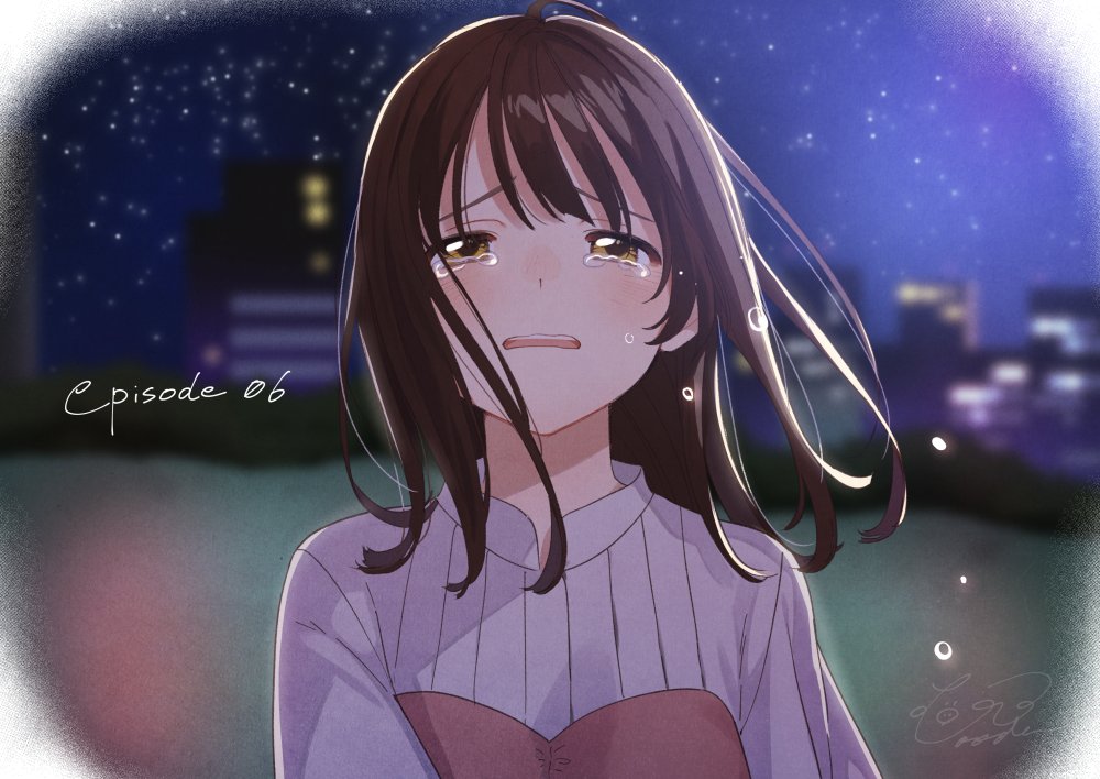 1girl blurry blush booota brown_eyes brown_hair building city crying crying_with_eyes_open depth_of_field episode_number floating_hair flying_teardrops hige_wo_soru._soshite_joshikousei_wo_hirou. looking_at_viewer medium_hair night night_sky ogiwara_sayu open_mouth portrait shirt signature sky solo star_(sky) starry_sky tears upper_teeth wavy_mouth
