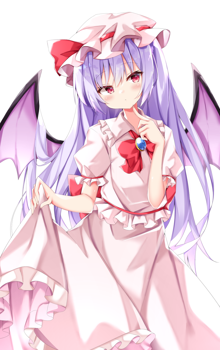 1girl :/ alternate_hair_length alternate_hairstyle bat_wings blush bow bowtie brooch closed_mouth commentary_request dress feet_out_of_frame finger_to_own_chin frills hand_up hat head_tilt highres holding holding_clothes holding_skirt jewelry kuraaken long_hair looking_at_viewer mob_cap pink_dress puffy_short_sleeves puffy_sleeves purple_hair red_bow red_eyes red_neckwear remilia_scarlet short_sleeves simple_background skirt solo standing touhou very_long_hair white_background wings