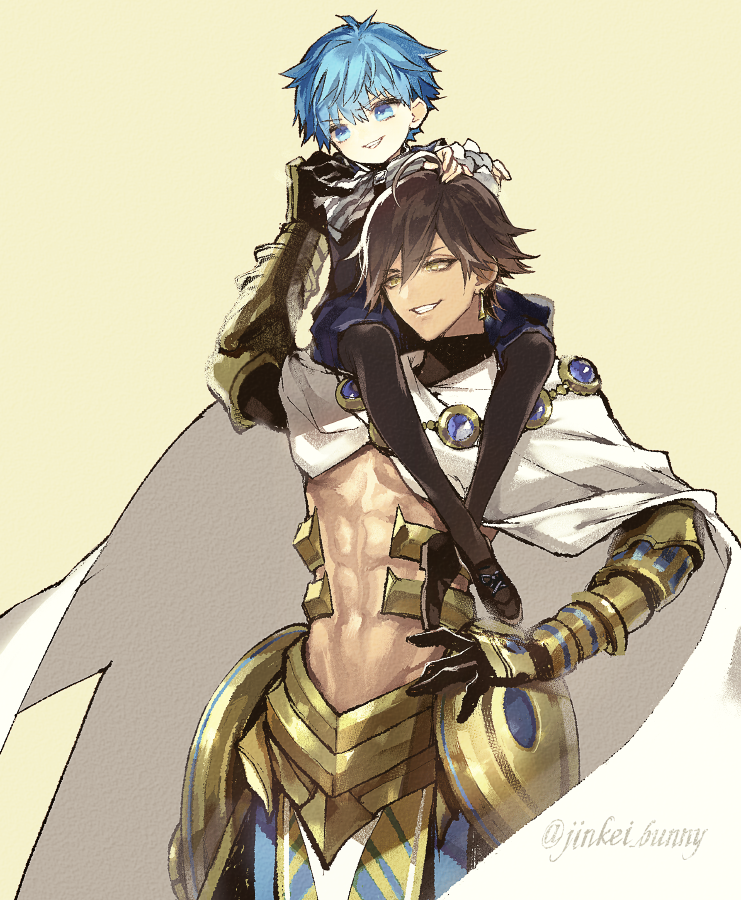 2boys abs ahoge artist_name black_footwear black_gloves black_legwear blue_eyes blue_hair brown_hair cape carrying commentary_request copyright_request dark_skin dark_skinned_male earrings eyebrows_visible_through_hair fate_(series) gauntlets gloves hans_christian_andersen_(fate) jewelry koshika_rina long_sleeves male_focus multiple_boys ozymandias_(fate) pantyhose shirt shirtless shoes short_hair shorts shoulder_carry shrug_(clothing) smile striped striped_shirt twitter_username vertical-striped_shirt vertical_stripes white_cape yellow_eyes