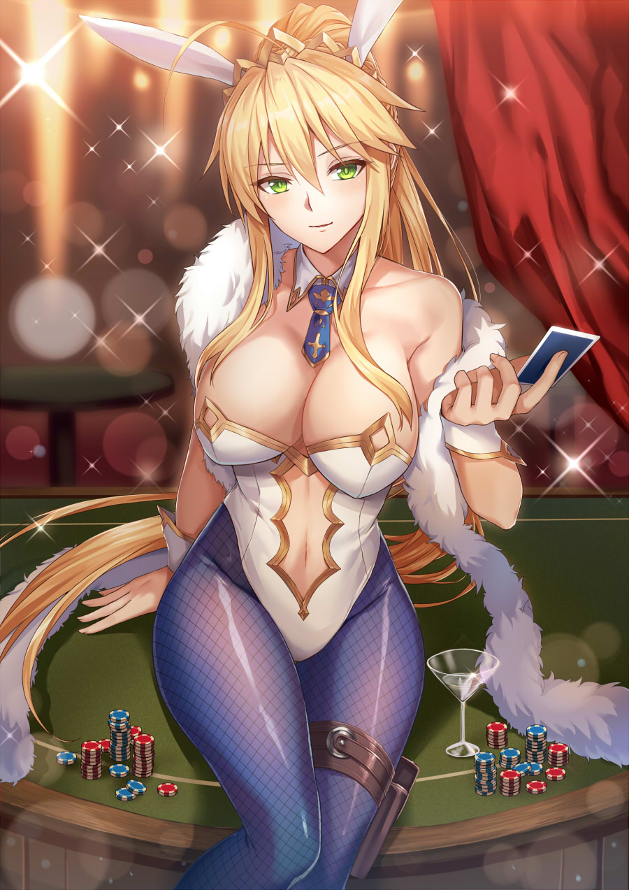 1girl animal_ears artoria_pendragon_(all) artoria_pendragon_(swimsuit_ruler)_(fate) blonde_hair blue_legwear blue_neckwear breasts card casino_card_table clothing_cutout cocktail_glass commission cup detached_collar drinking_glass english_commentary fate/grand_order fate_(series) feather_boa fishnet_legwear fishnets green_eyes highres holding_playing_card large_breasts leotard long_hair luzi navel navel_cutout necktie playboy_bunny playing_card poker_chip ponytail rabbit_ears sidelocks sitting solo very_long_hair white_leotard wrist_cuffs