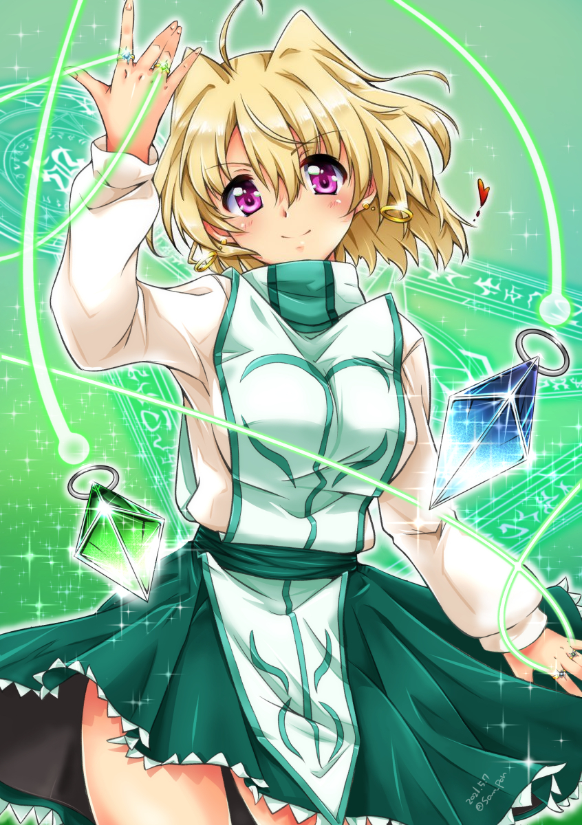 1girl ahoge artist_name blonde_hair blush breasts closed_mouth dated earrings eyebrows_visible_through_hair green_skirt heart highres jewelry large_breasts looking_at_viewer lyrical_nanoha magic magic_circle magical_girl mahou_shoujo_lyrical_nanoha mahou_shoujo_lyrical_nanoha_a's mahou_shoujo_lyrical_nanoha_strikers miniskirt san-pon shamal shiny shiny_hair short_hair skirt smile solo violet_eyes