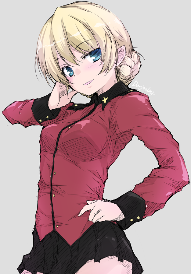 1girl bangs black_skirt blonde_hair blue_eyes braid character_name commentary cowboy_shot darjeeling_(girls_und_panzer) eyebrows_visible_through_hair girls_und_panzer grey_background hand_on_hip hand_on_own_face jacket long_sleeves looking_at_viewer military military_uniform miniskirt open_mouth pleated_skirt red_jacket short_hair simple_background sketch skirt smile solo st._gloriana's_military_uniform standing tied_hair uniform yumesato_makura
