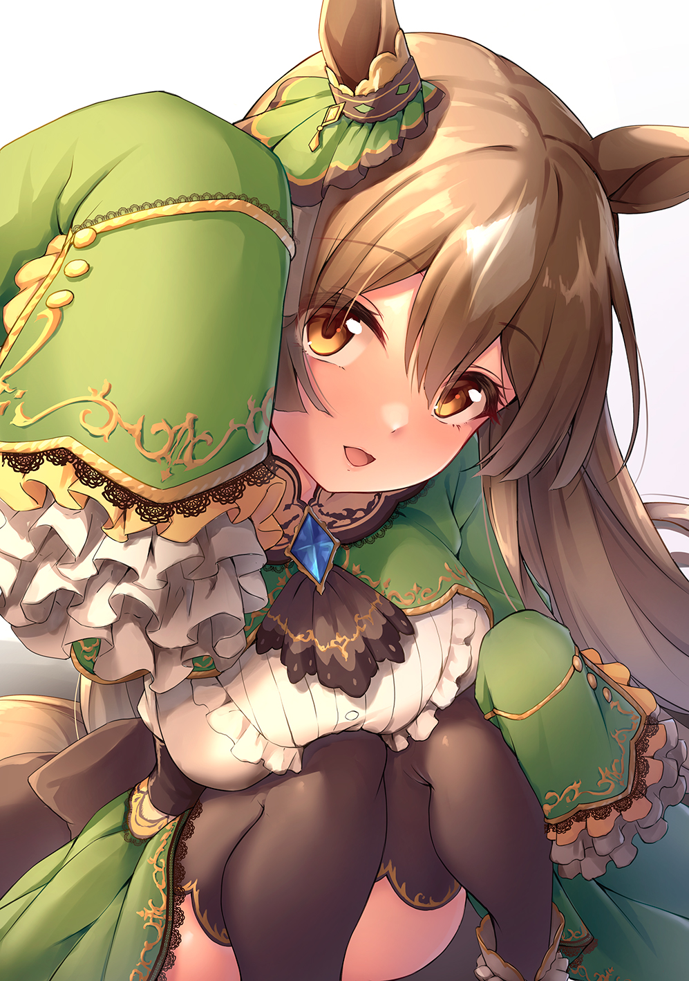 1girl animal_ears awa_yume back_bow bangs black_bow black_legwear black_neckwear bow breasts brown_hair commentary_request dress ear_ornament frilled_shirt frilled_sleeves frills gold_trim green_dress hair_ornament highres horse_ears horse_girl horse_tail lace-trimmed_sleeves lace_trim large_breasts long_hair looking_at_viewer looking_up sapphire_(gemstone) satono_diamond shirt sitting sleeves_past_wrists solo tail thigh-highs umamusume very_long_hair white_shirt yellow_eyes