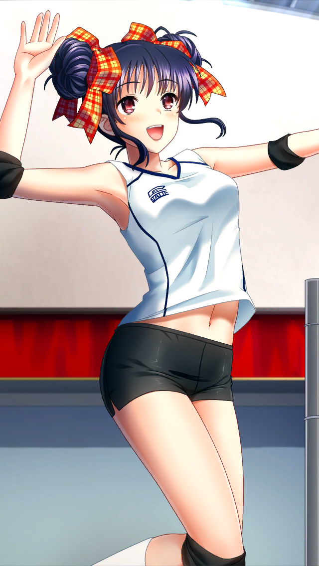 1girl :d arm_up armpits bangs black_hair black_shorts bow breasts collarbone dolphin_shorts double_bun doukyuusei_2 doukyuusei_another_world eyebrows_visible_through_hair game_cg hair_bow indoors jumping kneehighs medium_breasts midriff narusawa_yui navel official_art open_mouth plaid plaid_bow red_eyes shiny shiny_clothes shiny_hair shirt short_shorts shorts sidelocks sleeveless sleeveless_shirt smile solo sportswear stomach tied_hair volleyball_uniform white_legwear white_shirt