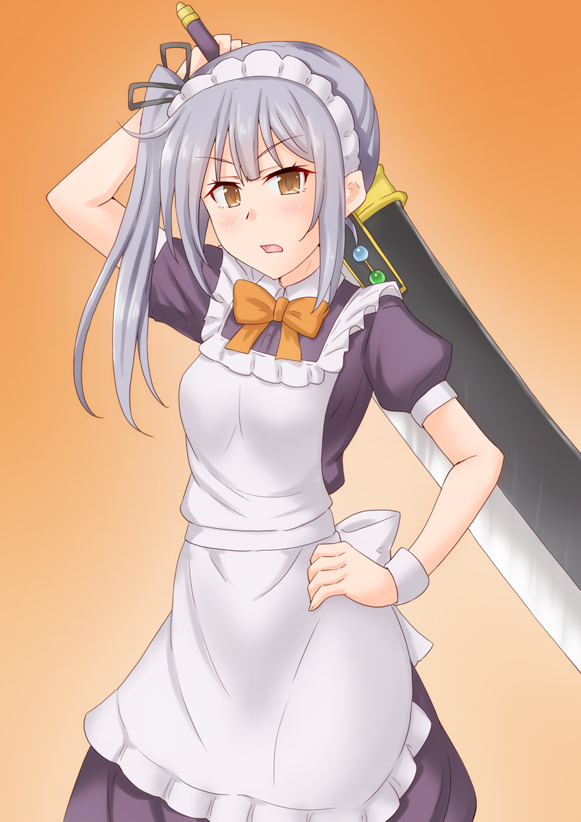 1girl alternate_costume anti_(untea9) apron black_dress brown_eyes commentary_request cowboy_shot dress enmaided frilled_apron frills gradient gradient_background grey_hair hair_ribbon hand_on_hip highres holding holding_sword holding_weapon kantai_collection kasumi_(kancolle) long_hair looking_at_viewer maid orange_background orange_neckwear ribbon side_ponytail solo sword weapon white_apron