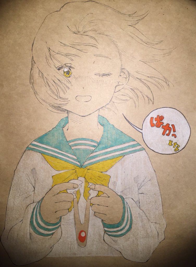 1girl blue_sailor_collar egg holding holding_egg kitamurashu long_sleeves one_eye_closed open_mouth original sailor_collar shirt solo speech_bubble traditional_media upper_body white_shirt wind yellow_eyes yellow_neckwear