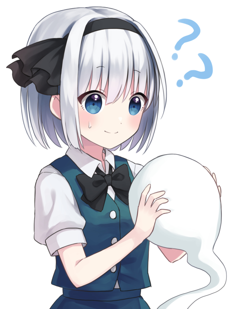 1girl ? ?? black_neckwear blue_eyes bow bowtie commentary_request green_skirt green_vest holding konpaku_youmu konpaku_youmu_(ghost) shirt short_hair short_sleeves simple_background skirt solo suzuno_naru touhou vest white_background white_hair white_shirt