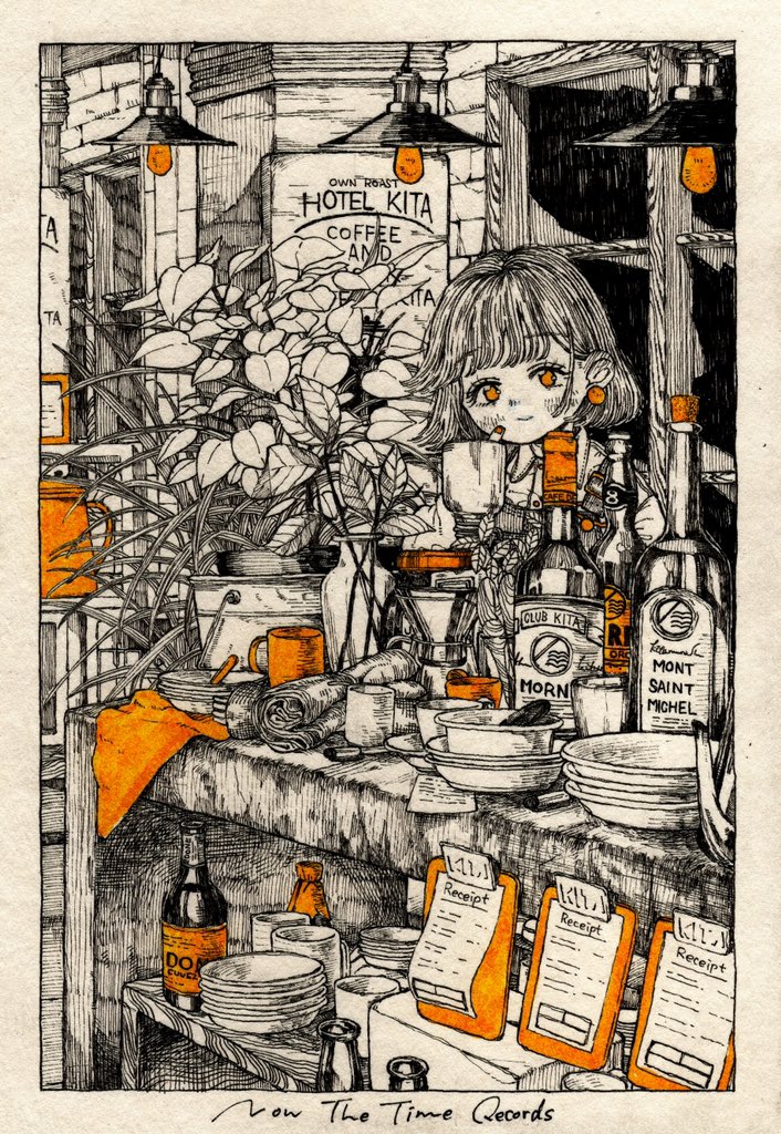1girl bottle brick_wall clipboard earrings english_text eyebrows_visible_through_hair jewelry kitamurashu monochrome original plant potted_plant shelf smile solo spot_color table window yellow_eyes