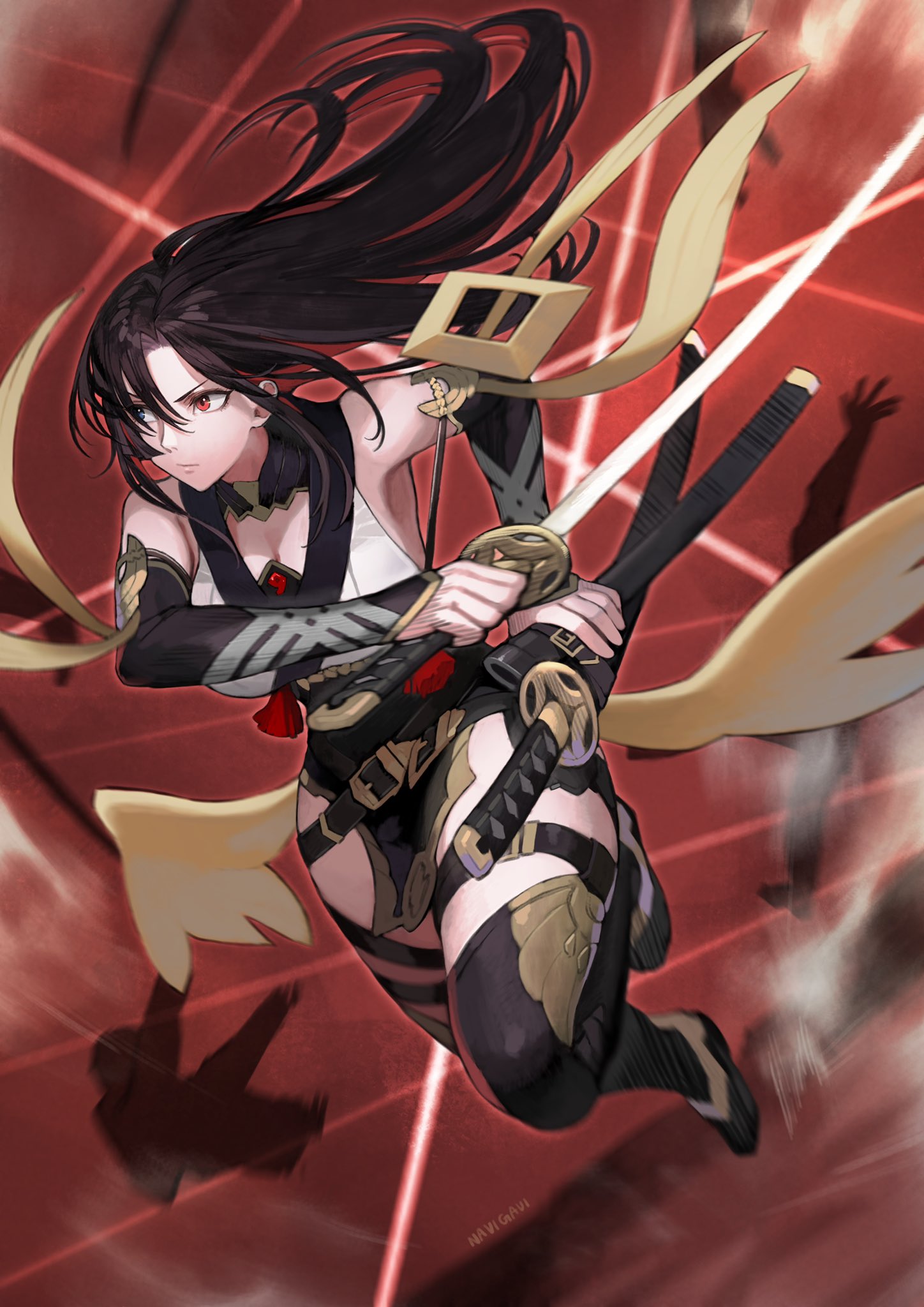 1girl attack bare_shoulders belt bisected black_hair bodysuit breasts commentary_request commission detached_sleeves hair_between_eyes heterochromia highres holding holding_sword holding_weapon jun_(seojh1029) katana long_hair making-of_available motion_blur ninja original sheath sheathed signature silhouette skeb_commission slashing sword thigh-highs thigh_strap weapon