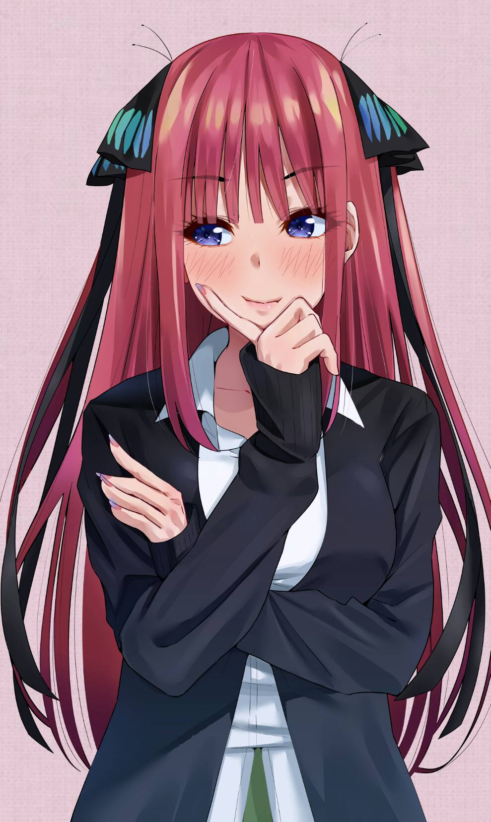 1girl black_jacket blush butterfly_hair_ornament closed_mouth crossed_arms fingernails go-toubun_no_hanayome gradient_nails hair_ornament hand_on_own_face hand_up hands_up highres igarashi_kyouhei jacket long_hair long_sleeves looking_to_the_side nail_polish nakano_nino purple_nails redhead shirt smile solo two_side_up upper_body violet_eyes white_shirt