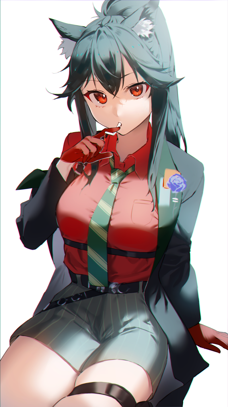 1girl animal_ear_fluff animal_ears arknights arm_support bangs black_hair black_jacket breasts collared_shirt commentary_request drinking_straw_in_mouth gloves green_neckwear green_skirt hand_up highres ichibi invisible_chair jacket large_breasts long_hair long_sleeves looking_at_viewer necktie off_shoulder ponytail red_eyes red_gloves red_shirt shirt sidelocks sitting skirt solo texas_(arknights) thigh_strap white_background wolf_ears