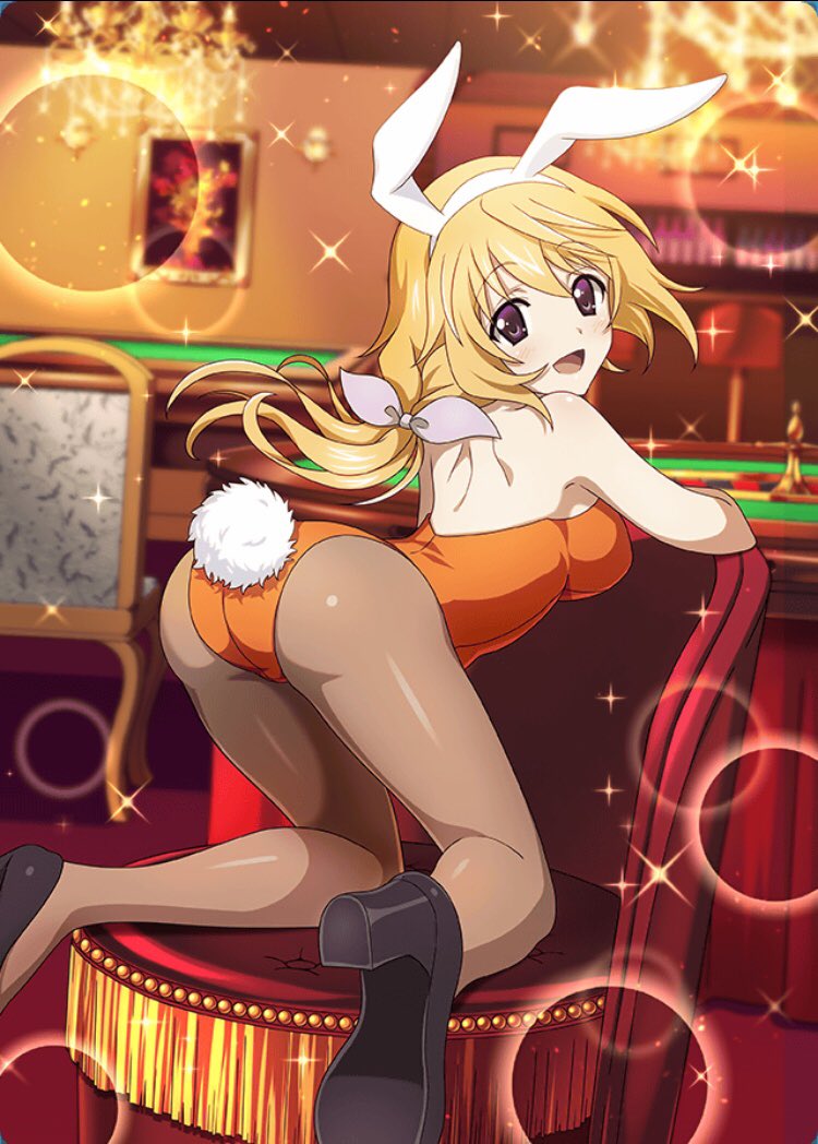 1girl all_fours animal_ears artist_request ass black_footwear blonde_hair breasts brown_legwear bunny_tail chair charlotte_dunois high_heels infinite_stratos lens_flare leotard long_hair looking_at_viewer medium_breasts official_art orange_leotard pantyhose playboy_bunny rabbit_ears solo table tail violet_eyes