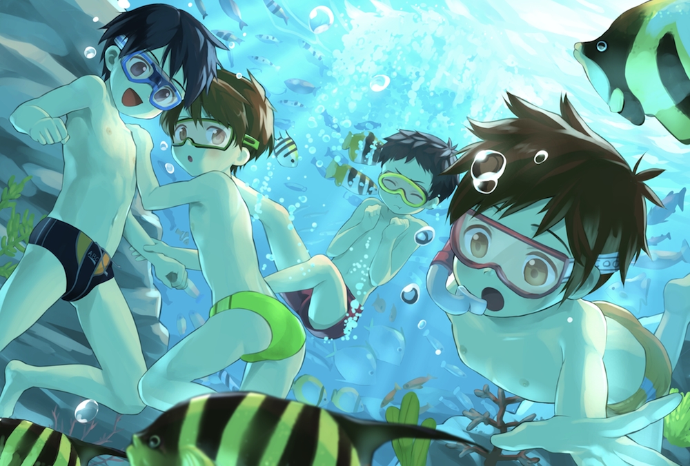 4boys bubble child closed_eyes commentary coral duplicate fish goggles male_swimwear multiple_boys navel nipples open_mouth original rock scuba_gear shirtless snorkel swimming swimsuit swimwear third-party_source underwater yuki_(vicious)