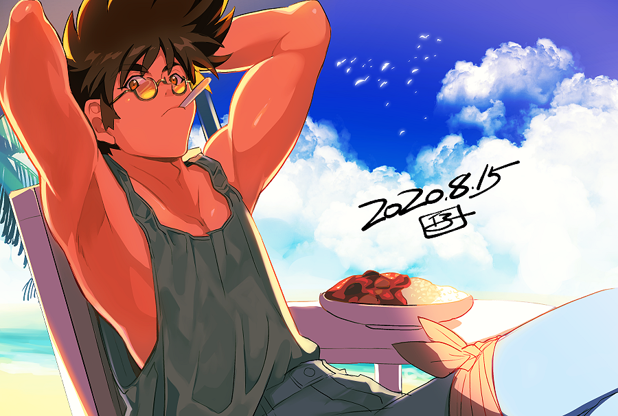 1boy armpits arms_behind_back beach biceps brown_eyes brown_hair clouds dated glasses green_tank_top hair_behind_ear in_mouth kinako_(462) looking_at_viewer macross macross_7 male_focus nekki_basara popsicle_stick round_eyewear sitting sky solo summer tank_top