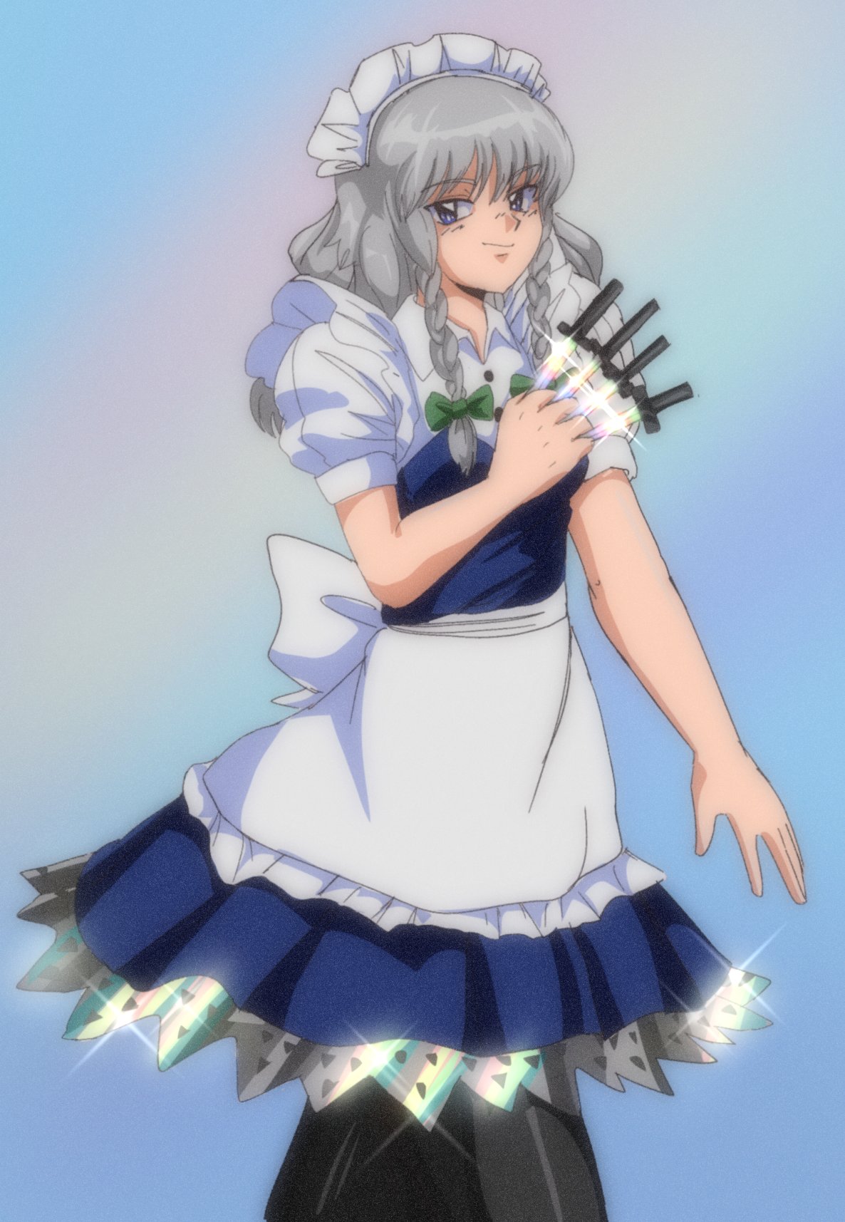 1990s_(style) 1girl apron bangs between_fingers blue_dress blue_eyes bow braid breasts buttons collared_shirt dress eyebrows_visible_through_hair frilled_apron frilled_skirt frills grey_hair highres holding holding_knife huge_bow izayoi_sakuya knife long_hair looking_at_viewer maid maid_apron maid_day maid_headdress medium_hair open_hand puffy_short_sleeves puffy_sleeves rainbow_gradient retro_artstyle shirt short_sleeves silver_hair skirt small_breasts solo step_arts touhou twin_braids unconnected_marketeers waist_apron white_bow