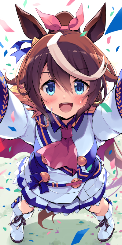 1girl ascot blue_eyes blush boots brown_hair cape commentary_request confetti epaulettes hair_between_eyes hair_ribbon high_ponytail horse_girl jacket knee_boots long_hair long_sleeves looking_at_viewer multicolored_hair odawara_hakone open_mouth pink_neckwear reaching_out red_cape ribbon single_epaulette solo streaked_hair sweat tokai_teio_(umamusume) two-tone_hair umamusume white_footwear white_hair white_jacket