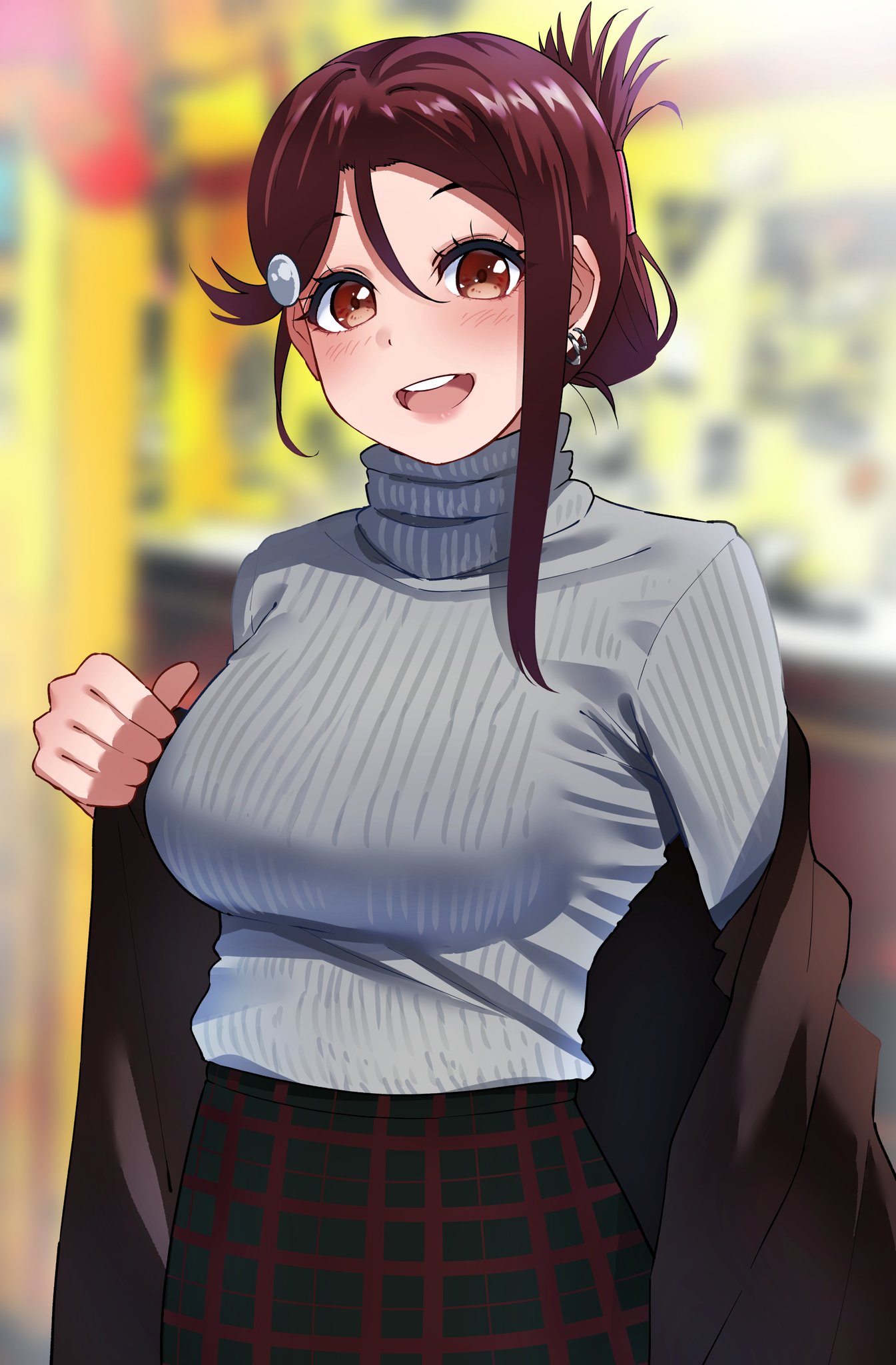 1girl :d black_skirt blurry blurry_background breasts brown_coat coat commentary_request cowboy_shot depth_of_field earrings folded_ponytail grey_sweater hair_between_eyes highres igarashi_kyouhei jewelry large_breasts looking_at_viewer love_live! love_live!_sunshine!! open_clothes open_coat open_mouth plaid plaid_skirt red_eyes redhead ribbed_sweater round_teeth sakurauchi_riko skirt smile solo sweater teeth undressing upper_teeth