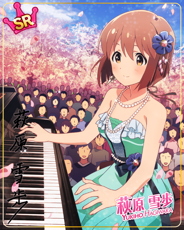 brown_eyes brown_hair character_name dress hagiwara_yukiho idolmaster_million_live!_theater_days short_hair strapless