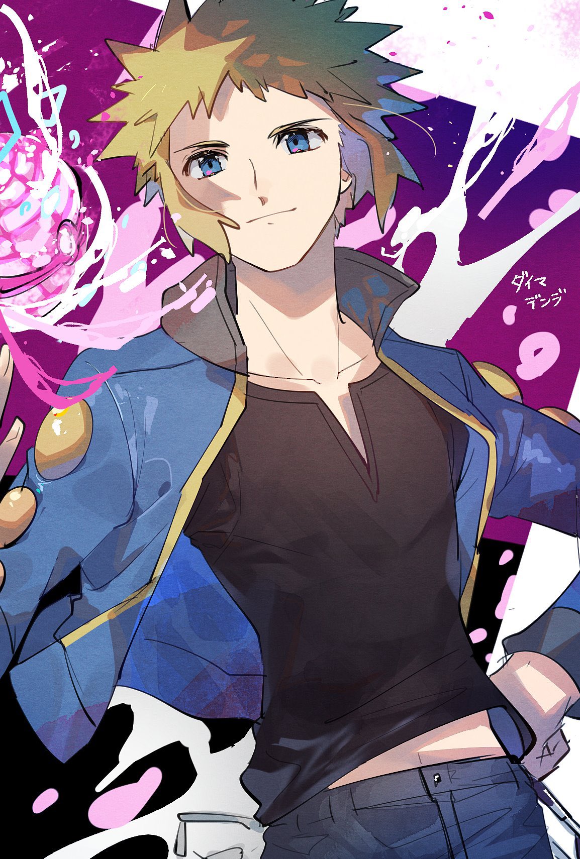 1boy blonde_hair blue_eyes blue_jacket closed_mouth commentary_request dynamax_ball energy gym_leader highres jacket light_smile male_focus open_clothes open_jacket ozisan_241 pants pokemon pokemon_(game) pokemon_dppt shirt solo spiky_hair volkner_(pokemon)