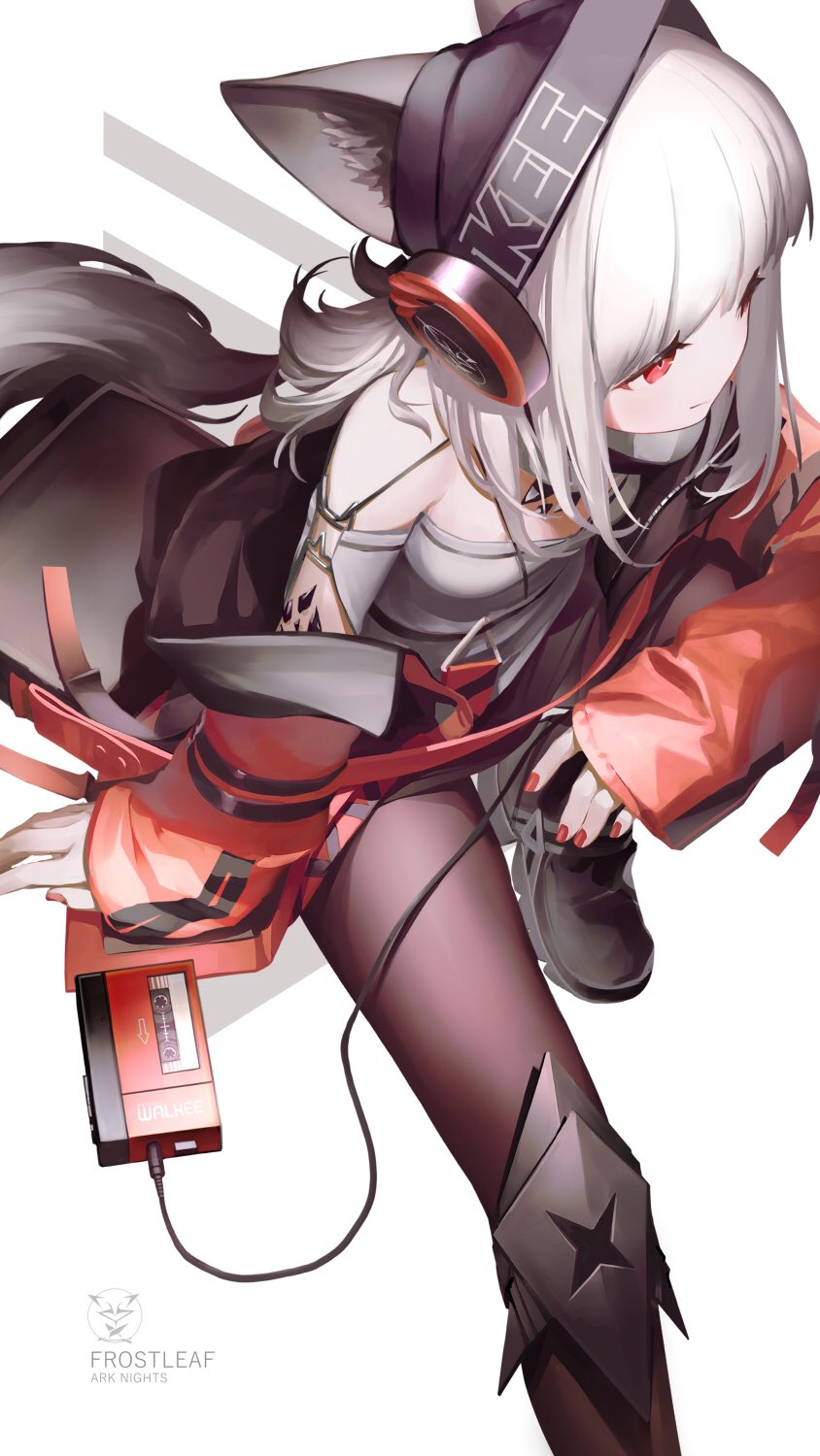 1girl animal_ears arknights arm_on_knee arm_support black_footwear black_legwear cassette_player character_name commentary copyright_name fox_ears fox_girl fox_tail from_above frostleaf_(arknights) grey_hair grey_shirt headphones highres jacket knee_pads knee_up koka_(rikku-file) long_hair off-shoulder_shirt off_shoulder open_clothes open_jacket oripathy_lesion_(arknights) pantyhose red_eyes red_jacket red_nails shirt sitting smile solo tail white_background