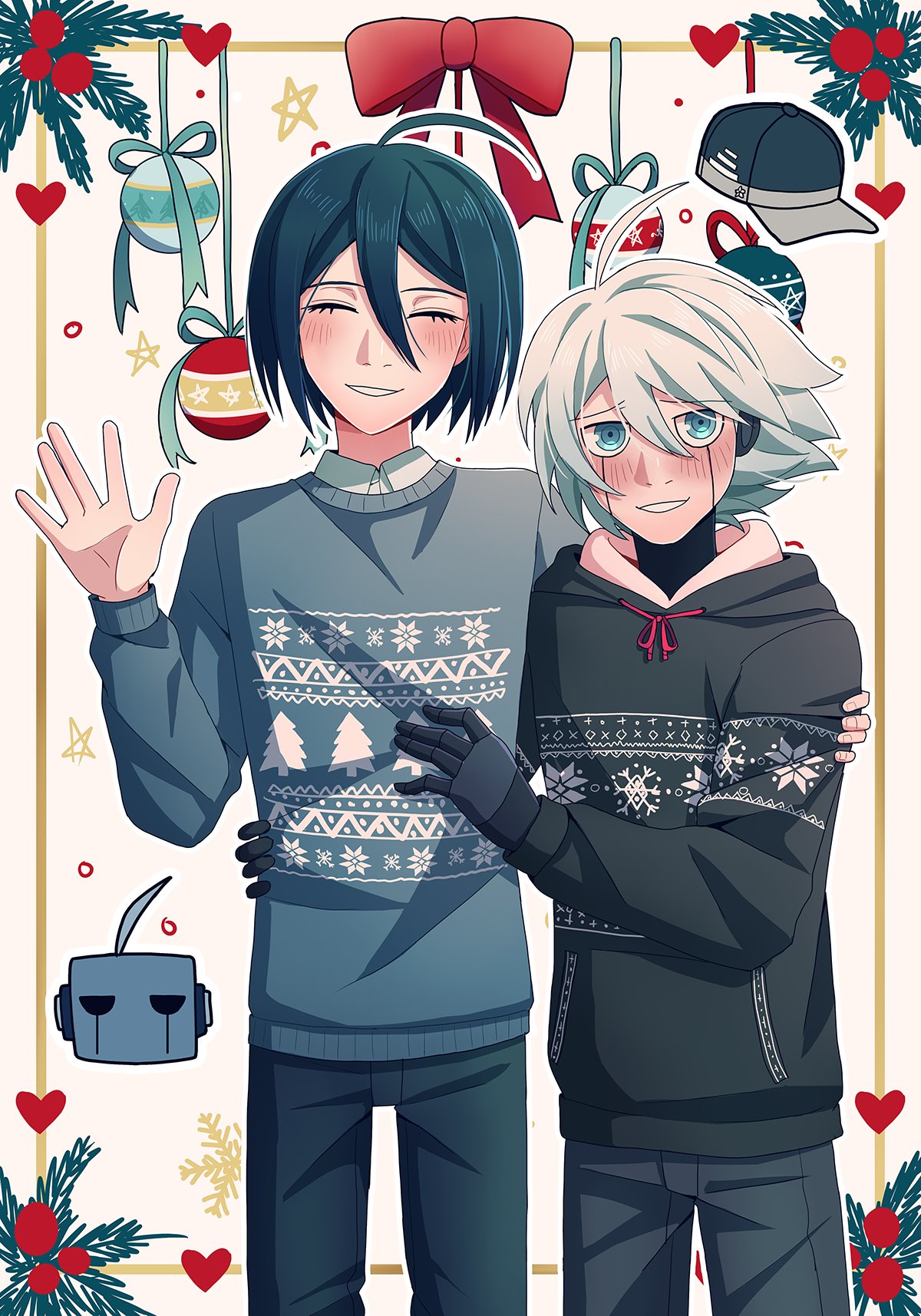 2boys ahoge android bangs black_hair black_hoodie black_pants blue_eyes blush cheer_(cheerkitty14) christmas_ornaments closed_eyes dangan_ronpa_(series) dangan_ronpa_v3:_killing_harmony english_commentary facing_viewer green_sweater grey_hair hand_on_another's_hip hand_on_another's_shoulder hat hat_removed headwear_removed heart highres hood hoodie keebo long_sleeves male_focus multiple_boys pants saihara_shuuichi short_hair smile sweater symbol_commentary teeth white_background