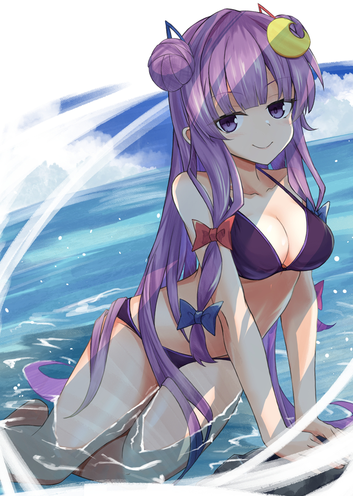 1girl akisome_hatsuka bikini blue_bow bow caustics clouds cloudy_sky commentary_request crescent day double_bun dutch_angle horizon long_hair looking_at_viewer no_hat no_headwear outdoors partially_submerged patchouli_knowledge purple_hair sitting sky smile solo swimsuit touhou v_arms very_long_hair violet_eyes yokozuwari