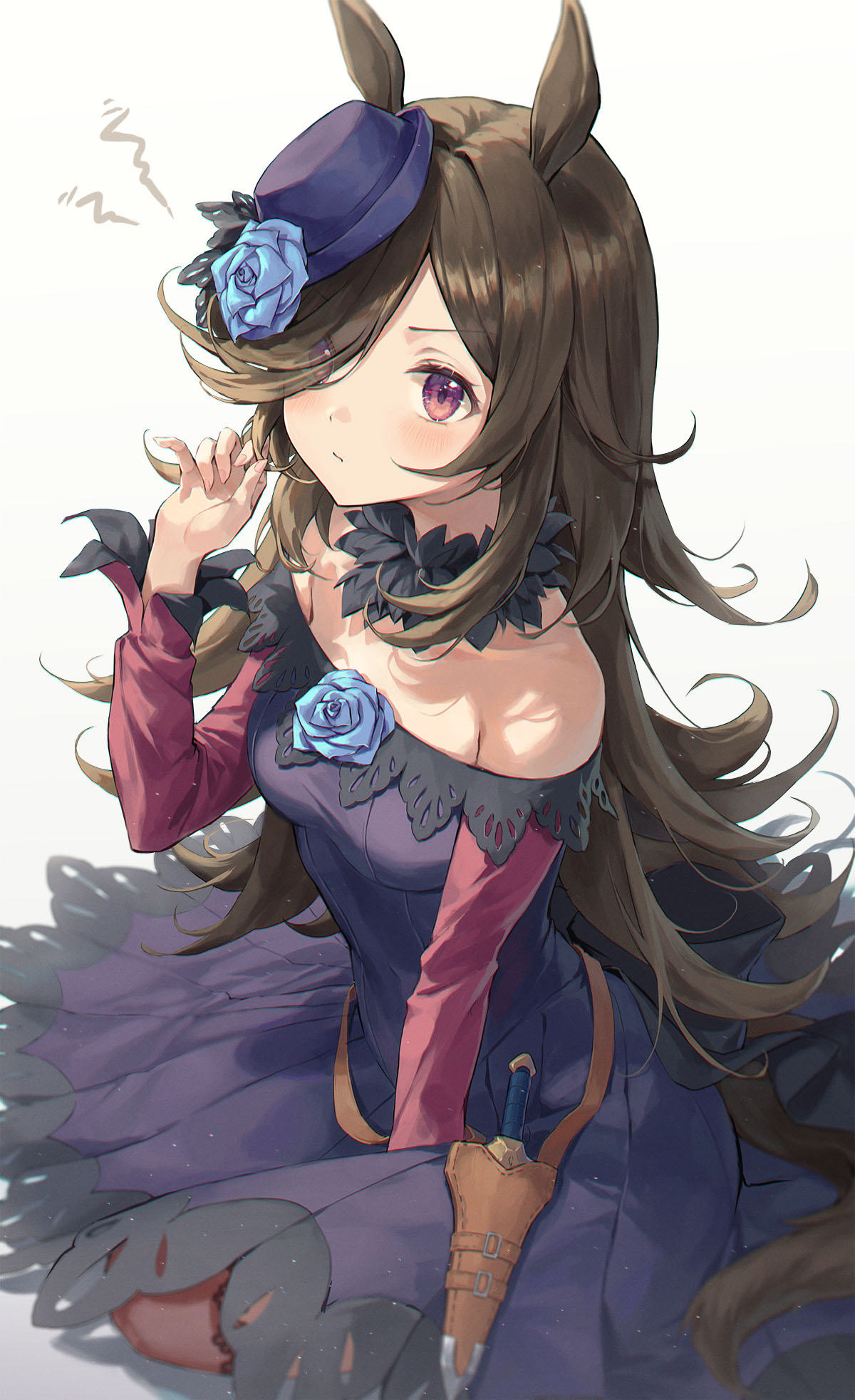1girl animal_ears black_hair blue_dress blue_headwear closed_mouth dagger dress flower hair_flower hair_ornament hair_over_one_eye hand_up hat highres holster holstered_weapon horse_ears long_hair long_sleeves looking_at_viewer off_shoulder r_o_ha rice_shower_(umamusume) rose solo tilted_headwear umamusume very_long_hair violet_eyes weapon