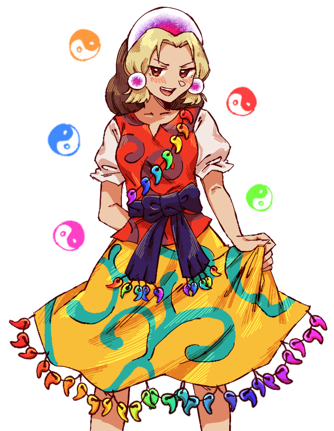 1girl blonde_hair blouse brown_eyes caramelized_tomatoes crown earrings hands jewelry magatama multicolored multicolored_clothes open_mouth orb patterned_clothing rainbow_order red_shirt sash shirt skirt solo tamatsukuri_misumaru tiara touhou unconnected_marketeers yellow_skirt yin_yang yin_yang_orb