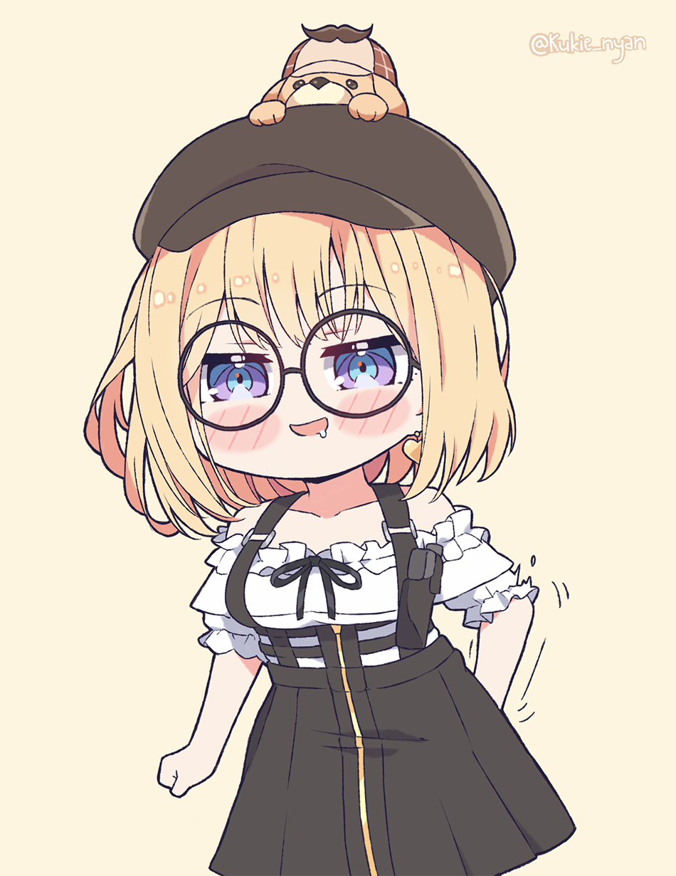 1girl animal_on_head bare_shoulders black_skirt blonde_hair blouse blue_eyes blush_stickers bubba_(watson_amelia) chibi commentary cowboy_shot drooling earrings english_commentary frilled_blouse frills glasses heart heart_earrings high-waist_skirt highres hololive hololive_english jewelry kukie-nyan on_head open_mouth round_eyewear scratching scratching_ass short_hair skirt solo suspender_skirt suspenders twitter_username virtual_youtuber watson_amelia white_blouse yellow_background zipper