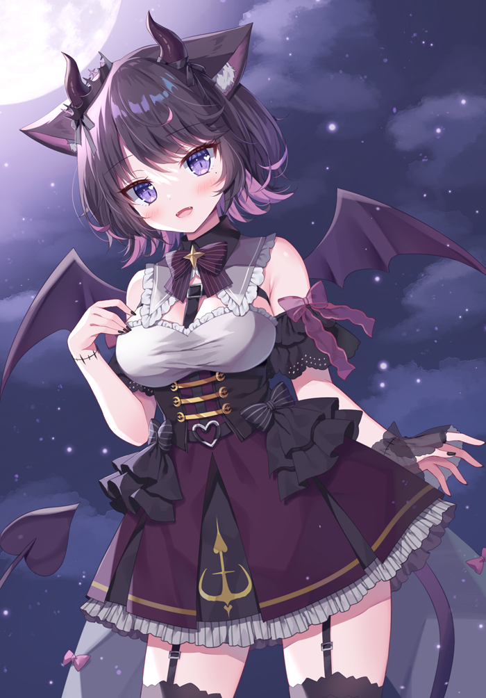 1girl :d animal_ear_fluff animal_ears bare_shoulders black_hair black_legwear black_nails black_wings breasts clouds commentary_request cowboy_shot demon_girl demon_horns demon_tail demon_wings fangs frilled_skirt frills garter_straps hand_up horns indie_virtual_youtuber koaku_mayo looking_at_viewer mauve medium_breasts multicolored_hair nail_polish night night_sky open_mouth pink_hair purple_skirt see-through shirt short_hair skirt sky smile solo star_(sky) starry_sky streaked_hair tail thigh-highs violet_eyes white_shirt wings wrist_cuffs