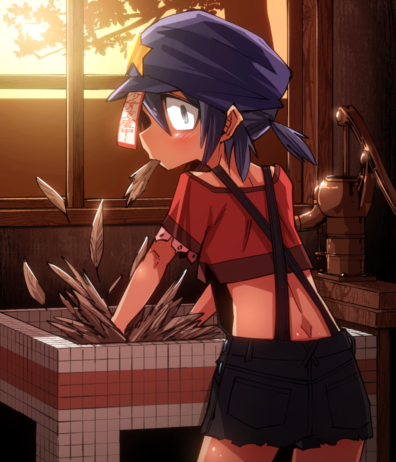 1girl alternate_costume back bangs black_eyes black_shorts blush cabbie_hat commentary_request cowboy_shot crop_top feathers hair_between_eyes hat hat_ornament lace-trimmed_sleeves lace_trim looking_at_viewer looking_back miyako_yoshika ofuda overalls purple_hair purple_headwear red_shirt shimizu_pem shirt short_hair short_ponytail short_sleeves shorts sink solo star_(symbol) star_hat_ornament touhou tree window