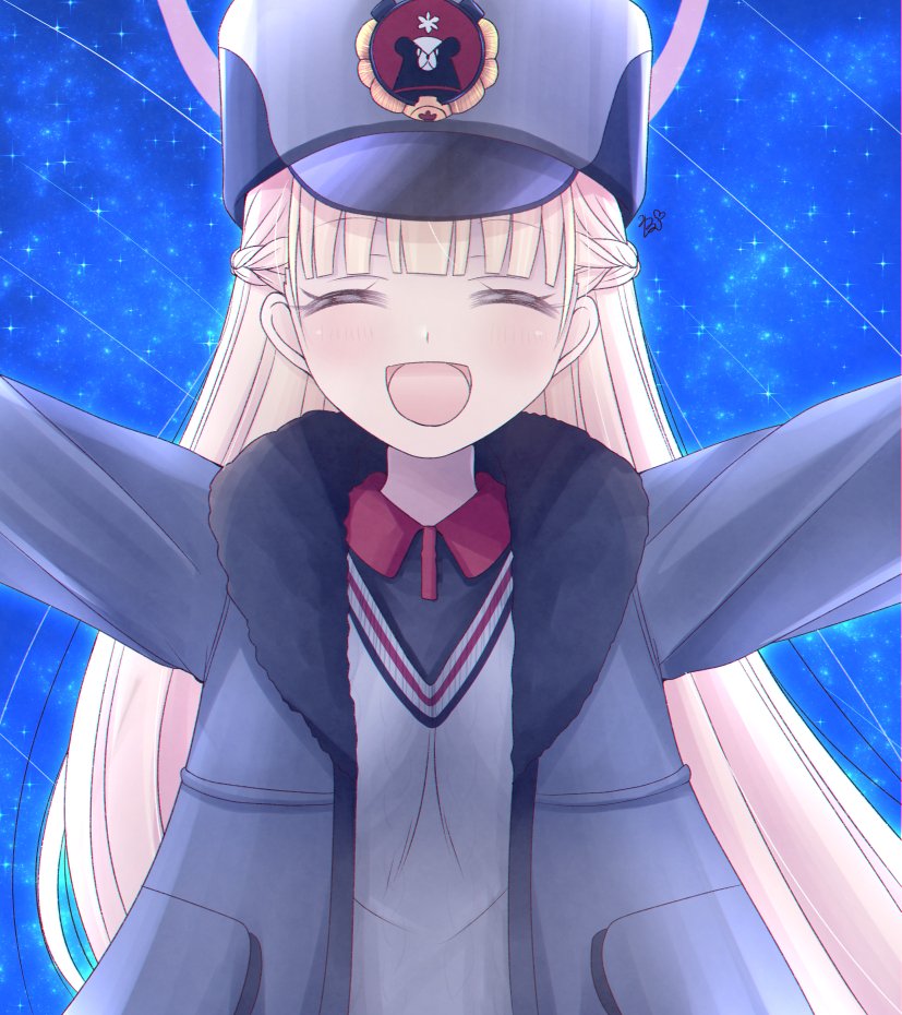1girl blonde_hair blue_archive blush closed_eyes commentary_request halo hat jacket long_hair meteor_shower mirun_(funimani) night nodoka_(blue_archive) open_mouth outstretched_arms school_uniform sky solo spread_arms star_(sky) starry_sky winter_clothes