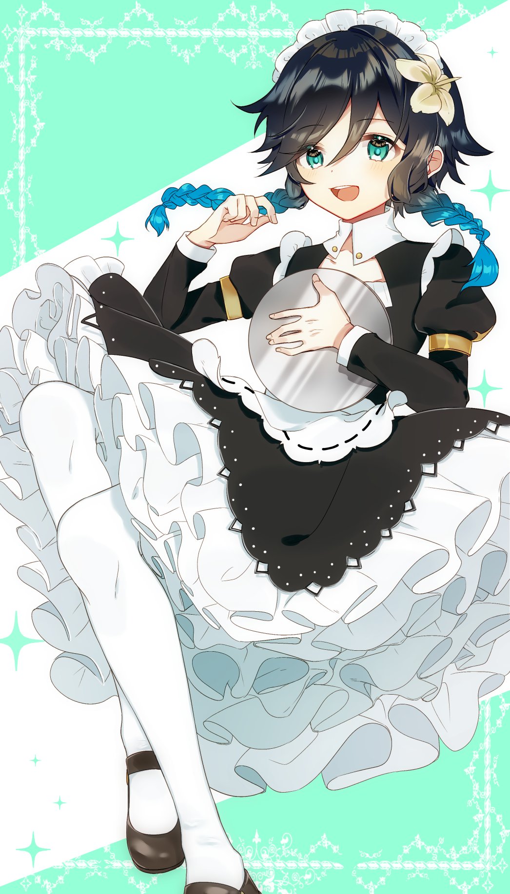 1boy alternate_costume apron bangs black_hair blue_hair braid brown_footwear chieezuik commentary_request detached_collar dress enmaided eyebrows_visible_through_hair flower frilled_dress frilled_skirt frills genshin_impact gradient_hair green_eyes hair_flower hair_ornament highres holding holding_tray juliet_sleeves long_sleeves looking_at_viewer maid maid_headdress male_focus multicolored_hair open_mouth otoko_no_ko pantyhose puffy_sleeves shoes short_hair_with_long_locks skirt smile solo sparkle_background tray twin_braids venti_(genshin_impact) victorian_maid white_flower white_legwear
