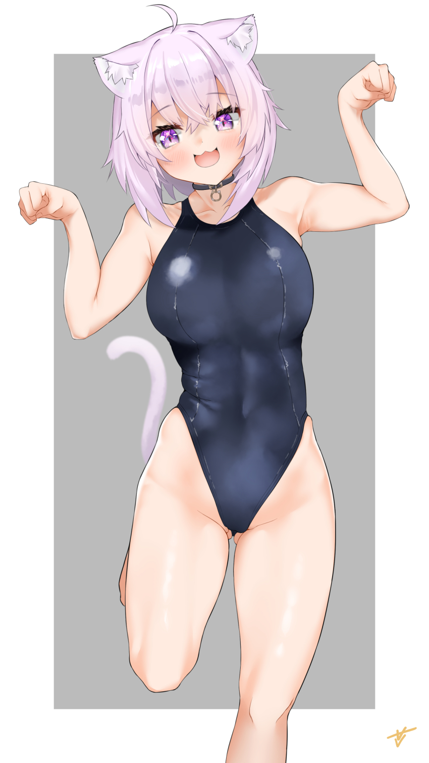 1girl :d animal_ear_fluff animal_ears ass_visible_through_thighs black_choker blue_swimsuit breasts c@rbon cat_ears cat_tail choker competition_swimsuit covered_navel eyebrows_visible_through_hair grey_background highres hololive looking_at_viewer nekomata_okayu one-piece_swimsuit open_mouth paw_pose purple_hair short_hair smile solo standing standing_on_one_leg swimsuit tail thighs two-tone_background violet_eyes virtual_youtuber white_background