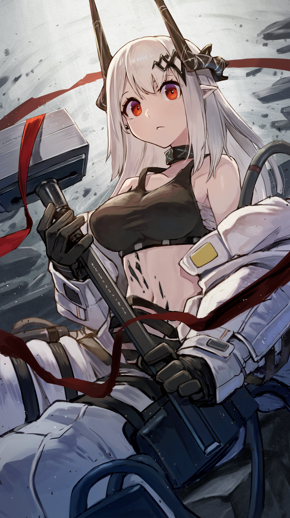 1girl arknights bangs black_choker black_gloves breasts choker commentary_request crop_top gloves hammer highres holding holding_hammer holding_weapon horns infection_monitor_(arknights) kuroi_susumu long_hair long_sleeves looking_at_viewer medium_breasts midriff mudrock_(arknights) navel oripathy_lesion_(arknights) partial_commentary pointy_ears red_eyes sarashi silver_hair solo sports_bra stomach weapon