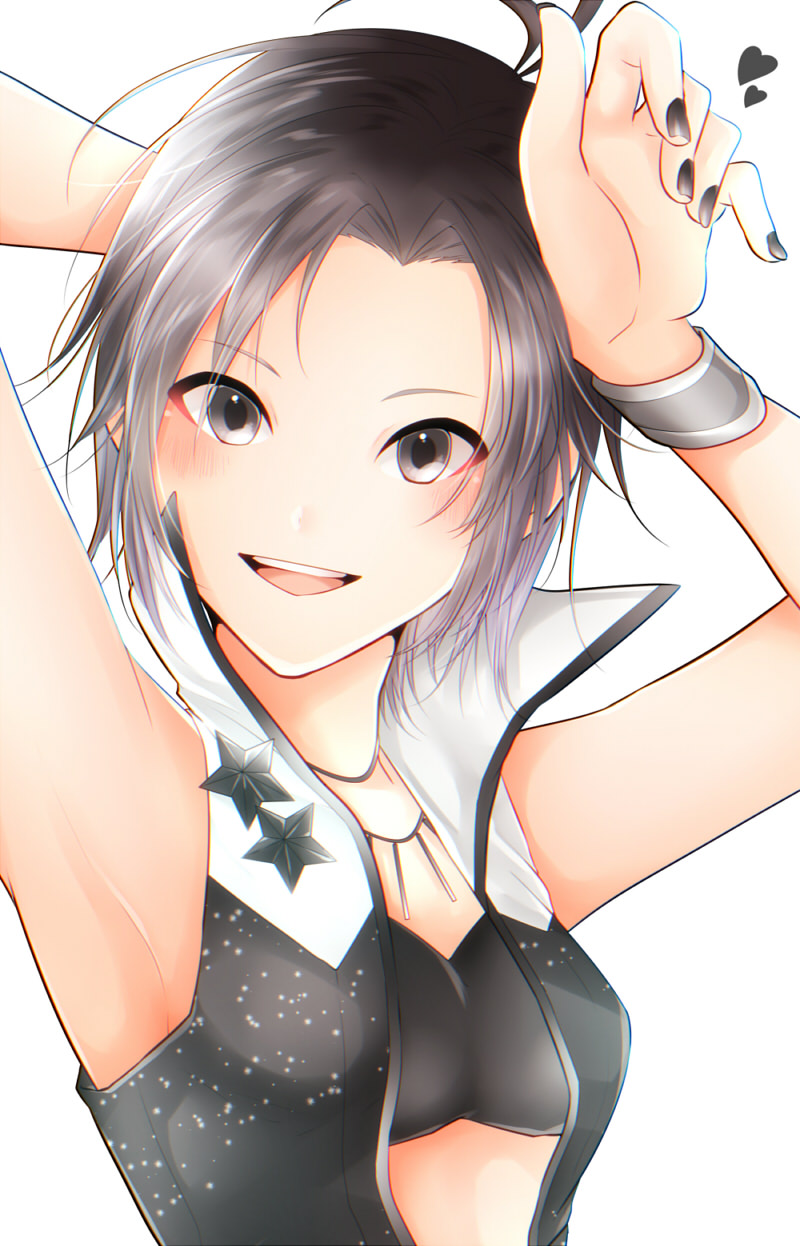 1girl :d antenna_hair armpits black_bandeau black_eyes black_hair black_nails black_vest blush hair_strand hands_on_own_head hands_up heart highres idolmaster idolmaster_(classic) jewelry kikuchi_makoto looking_at_viewer midriff mochimsu46 nail_polish necklace open_mouth popped_collar short_hair simple_background smile solo star_(symbol) upper_body vest white_background