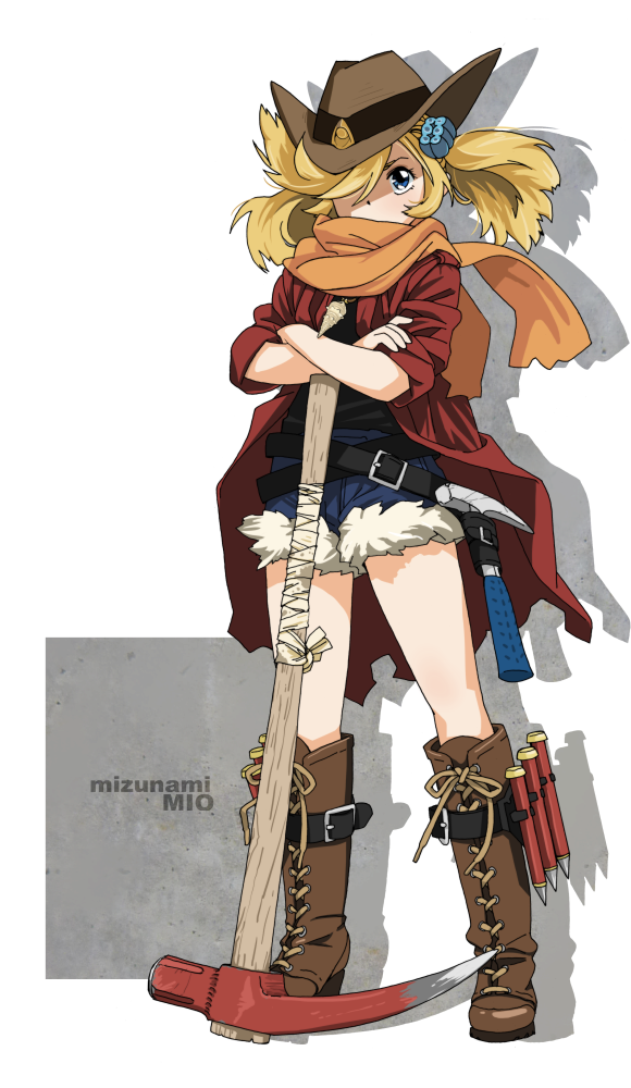 1girl akai_sashimi blonde_hair blue_eyes blue_shorts boots brown_footwear brown_headwear character_name drop_shadow full_body hair_over_one_eye jacket long_hair looking_at_viewer mizunami_fossil_museum mizunami_mio orange_scarf pickaxe red_jacket scarf shorts simple_background solo standing twintails white_background