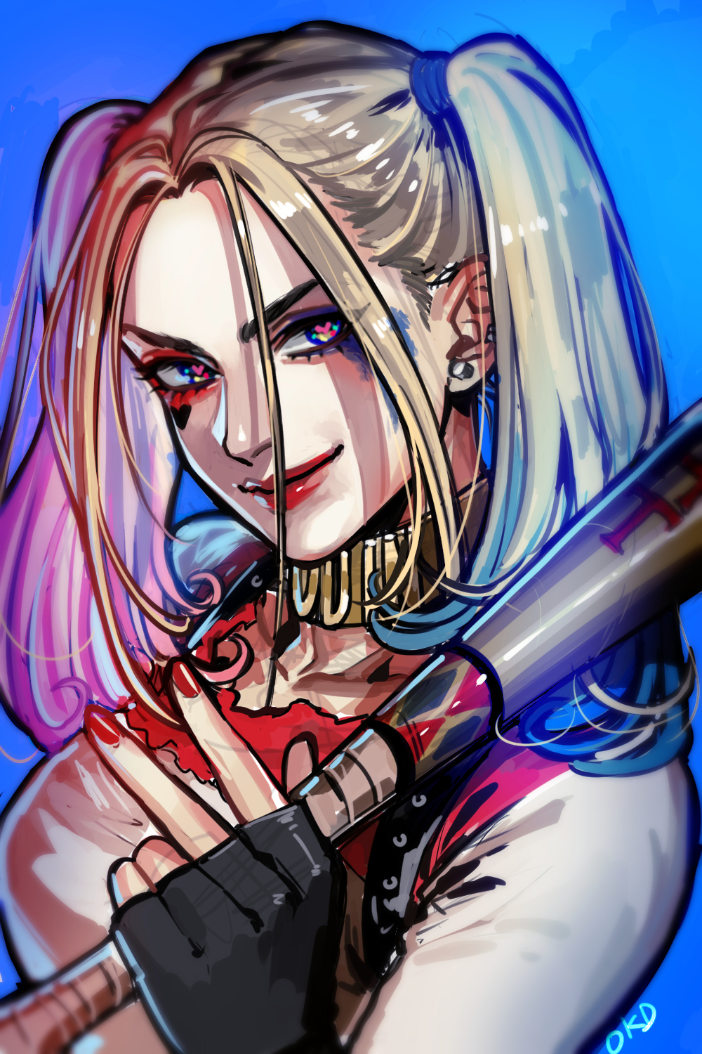 1girl baseball_bat black_gloves blonde_hair blue_background blue_hair dc_comics fingerless_gloves gloves harley_quinn heart heart-shaped_pupils highres holding holding_baseball_bat looking_at_viewer okada_(hoooojicha) pink_hair red_nails simple_background smile solo suicide_squad symbol-shaped_pupils twintails upper_body