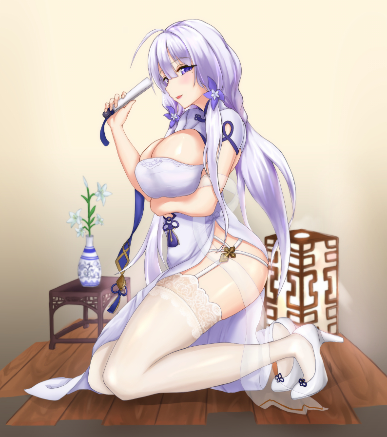 1girl arm_under_breasts azur_lane breasts bursting_breasts china_dress chinese_clothes cleavage_cutout clothing_cutout dress fan full_body garter_straps high_heels holding holding_fan illustrious_(azur_lane) illustrious_(maiden_lily's_radiance)_(azur_lane) lace-trimmed_legwear lace_trim looking_at_viewer mole mole_under_eye official_alternate_costume purple_hair see-through shoes short_sleeves solo thigh-highs thighs tri_tails velvet-no-2 violet_eyes white_dress white_footwear white_legwear