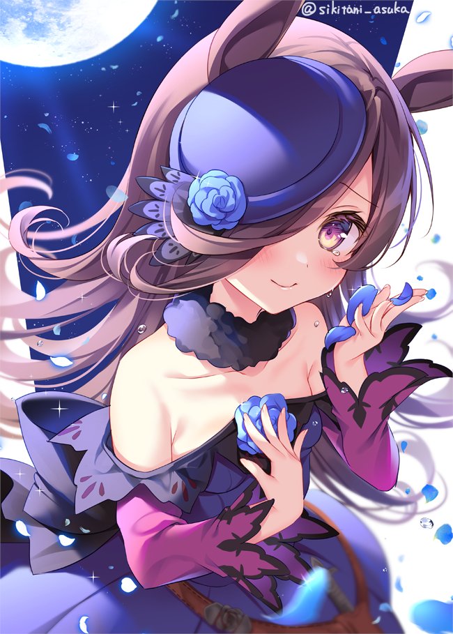 1girl animal_ears bare_shoulders blue_flower blush bow brown_hair dress flower hair_over_one_eye hand_on_own_chest hat horse_ears long_hair looking_at_viewer mini_hat moon night night_sky off-shoulder_dress off_shoulder petals purple_bow purple_dress purple_headwear rice_shower_(umamusume) shikitani_asuka sky smile solo tearing_up umamusume upper_body yellow_eyes