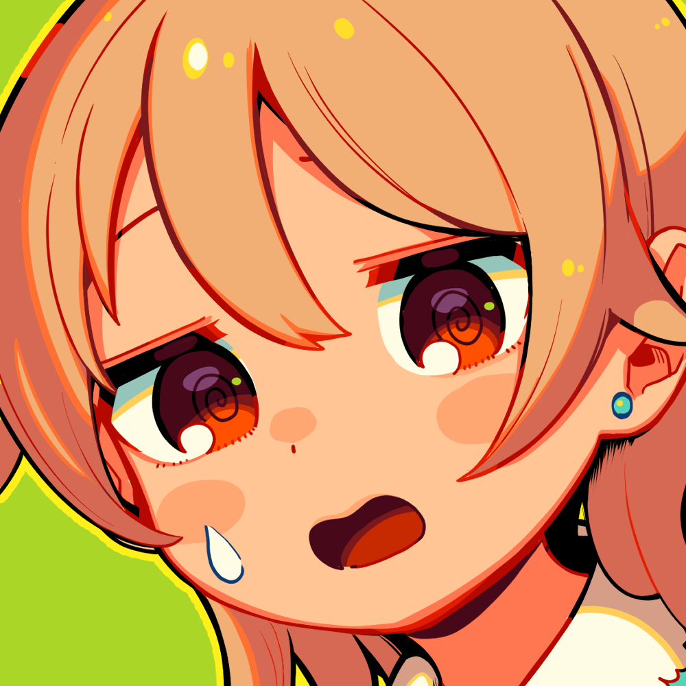 1girl @_@ bangs blush earrings green_background idolmaster idolmaster_cinderella_girls jewelry looking_at_viewer moai_(more_e_4km) morikubo_nono outline portrait red_eyes simple_background solo sweatdrop yellow_outline