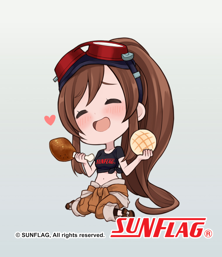1girl :d black_shirt blush boots bread breasts brown_footwear brown_hair brown_pants character_request chibi chicken_leg closed_eyes copyright_name crop_top facing_viewer food full_body goggles goggles_on_head gradient gradient_background grey_background heart holding holding_food medium_breasts midriff navel official_art open_mouth pants ponytail shirt short_sleeves sitting smile solo sunflag tied_shirt yuko_(uc_yuk)