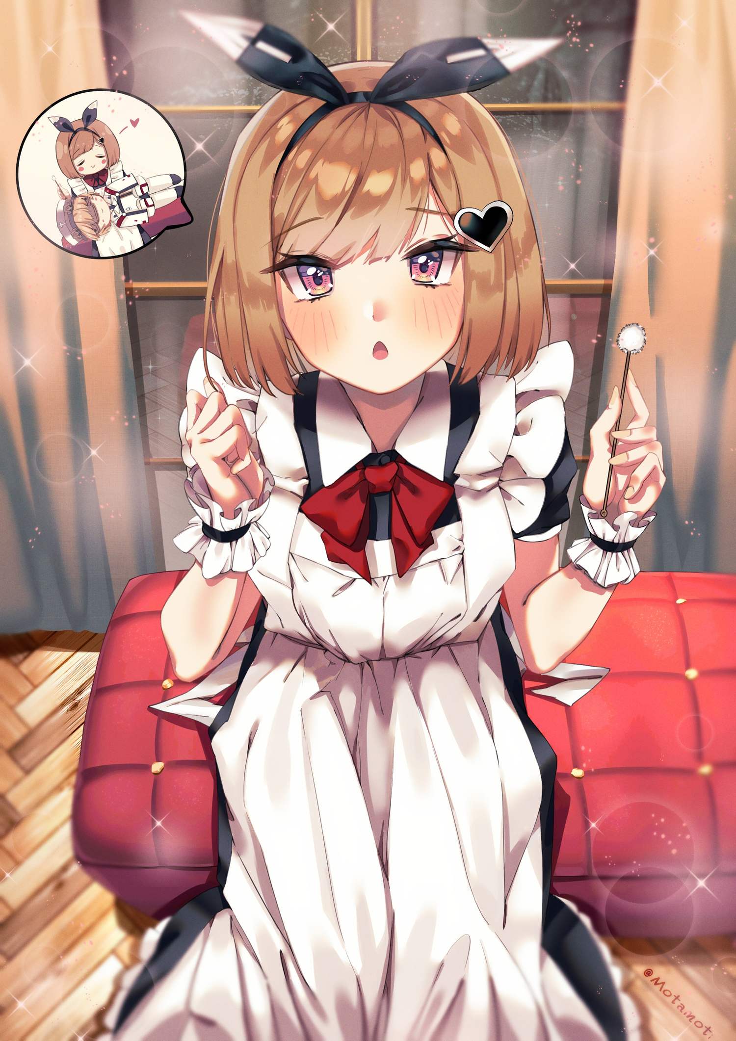 1797928123 1boy 1girl alternate_costume apron ash_arms bf_109_e4_(ash_arms) brown_hair chair commentary_request curtains hair_ornament headband highres looking_at_viewer maid maid_apron open_mouth short_hair sitting sparkle window