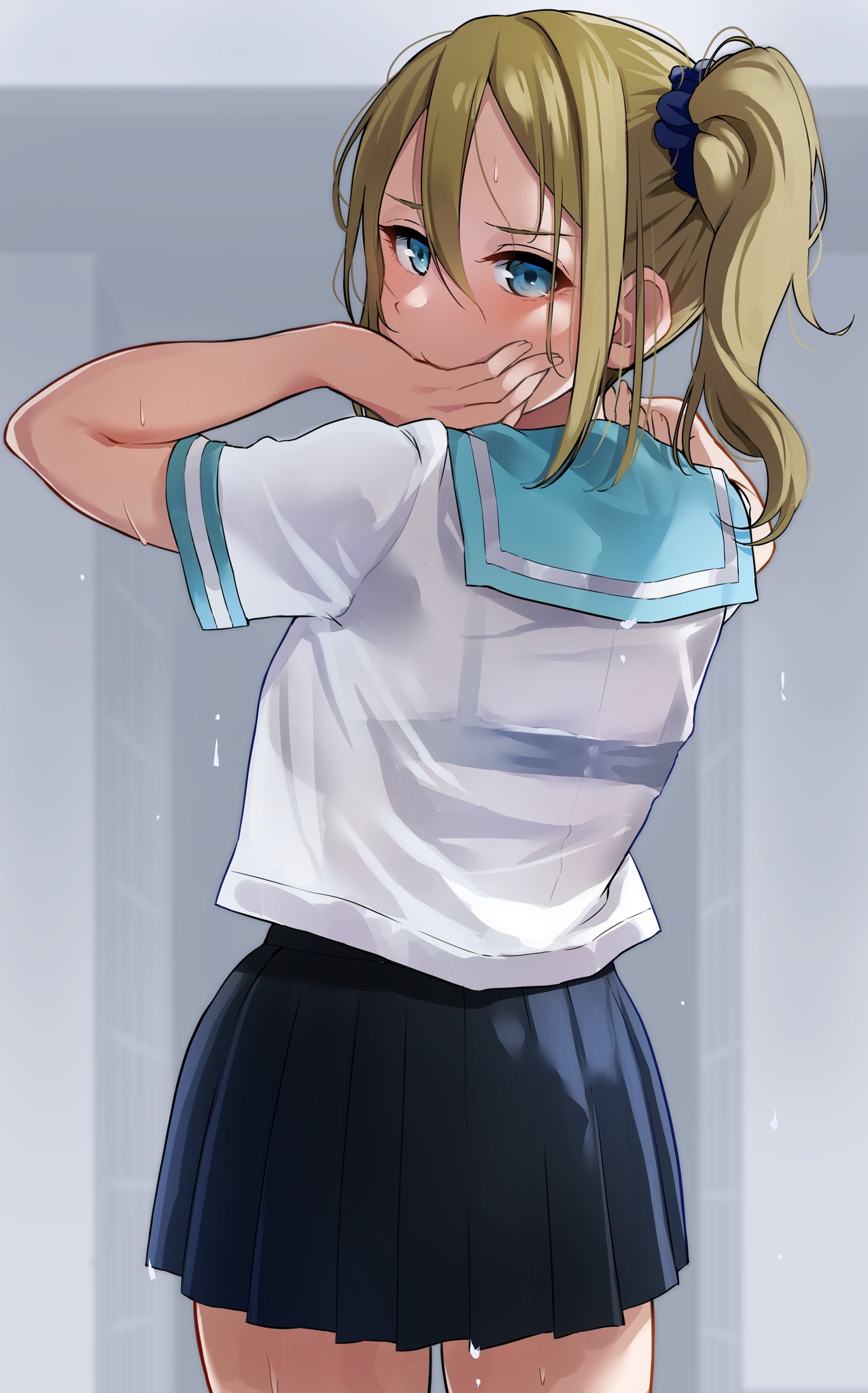 1girl blonde_hair blue_eyes blue_scrunchie blush bra_through_clothes breasts cowboy_shot from_behind hair_ornament hair_scrunchie hands_up hayasaka_ai highres igarashi_kyouhei kaguya-sama_wa_kokurasetai_~tensai-tachi_no_renai_zunousen~ looking_at_viewer looking_back medium_breasts miniskirt one_side_up pleated_skirt school_uniform scrunchie see-through_silhouette serafuku shirt short_sleeves skirt solo sweat wet wet_clothes wet_shirt white_shirt