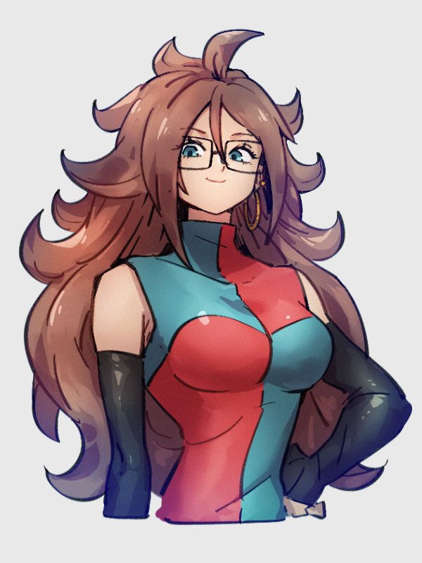 1girl android_21 blue_eyes breasts checkered checkered_dress closed_mouth dragon_ball dragon_ball_fighterz dress earrings glasses grey_background hair_between_eyes hand_on_hip hoop_earrings jewelry kemachiku long_hair medium_breasts redhead simple_background smile solo upper_body