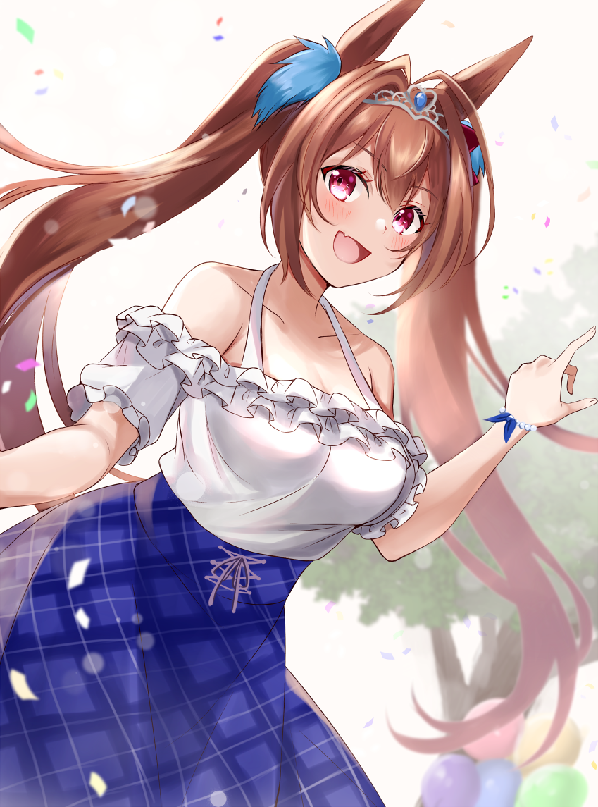 1girl :d animal_ears blue_skirt blush brown_eyes brown_hair collarbone daiwa_scarlet_(umamusume) eyebrows_visible_through_hair hair_between_eyes hair_intakes horse_ears horse_girl long_hair mashiro_aa off-shoulder_shirt off_shoulder open_mouth plaid plaid_skirt shirt short_sleeves skirt smile solo tiara twintails umamusume white_shirt