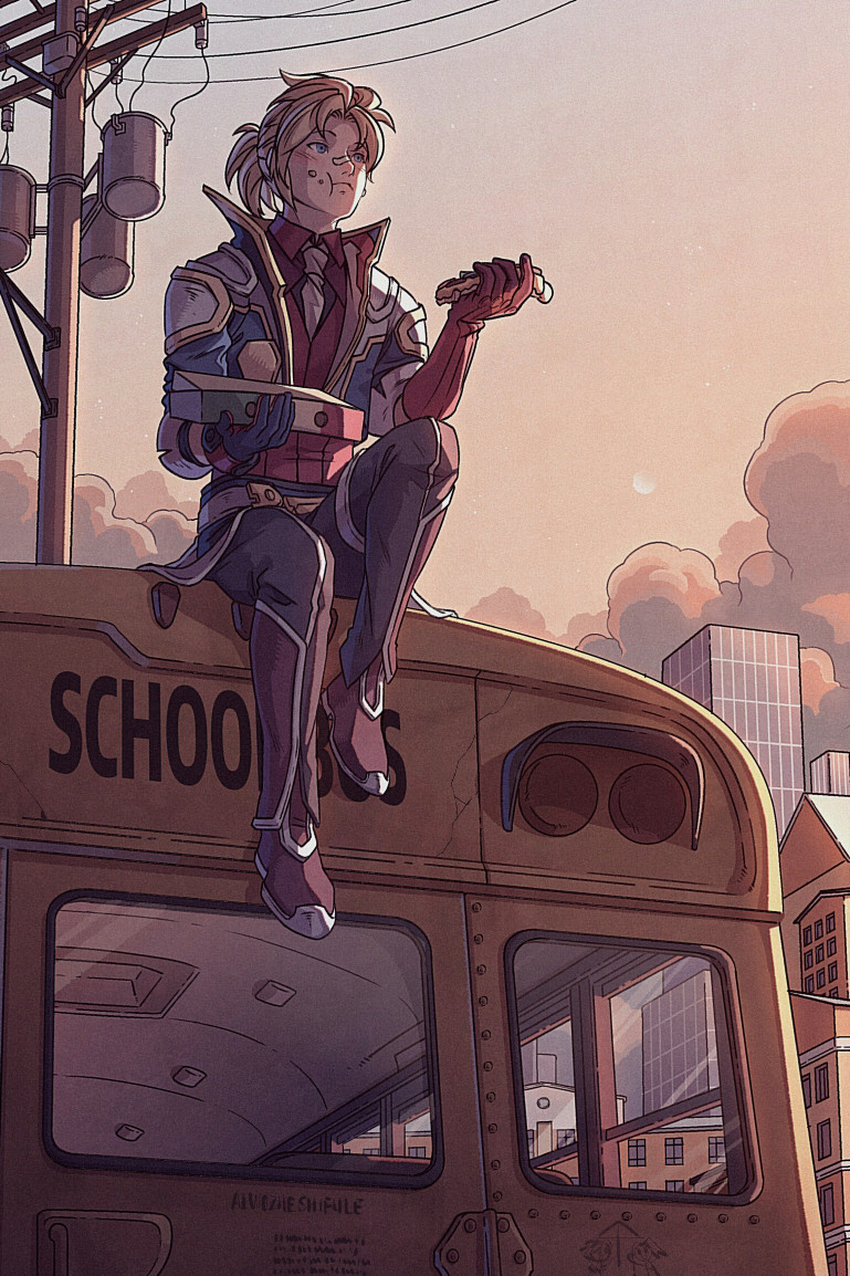 1boy bandaid bandaid_on_nose belt blonde_hair blush boots clouds eating ezreal food food_on_face gloves jacket league_of_legends male_focus necktie outdoors pants pizza ponytail power_lines sanatorium_industries school_bus shirt sitting sky solo thigh_strap