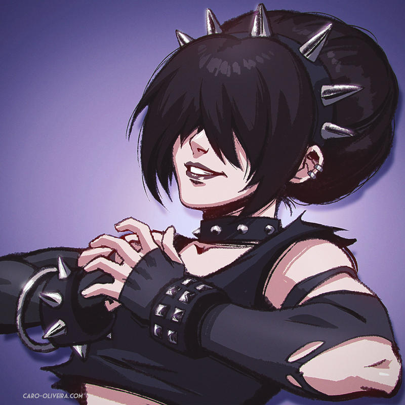 1girl alternate_universe avatar:_the_last_airbender avatar_(series) bangle black_gloves black_hair black_lips borrowed_design bracelet caro_oliveira collar contemporary covered_eyes cracking_knuckles crop_top earrings elbow_gloves english_commentary gloves gothic hair_bun hair_over_eyes hairband jewelry nose purple_background short_hair solo spiked_bracelet spiked_collar spiked_hairband spikes studded_bracelet tank_top toph_bei_fong torn_clothes torn_gloves updo upper_body