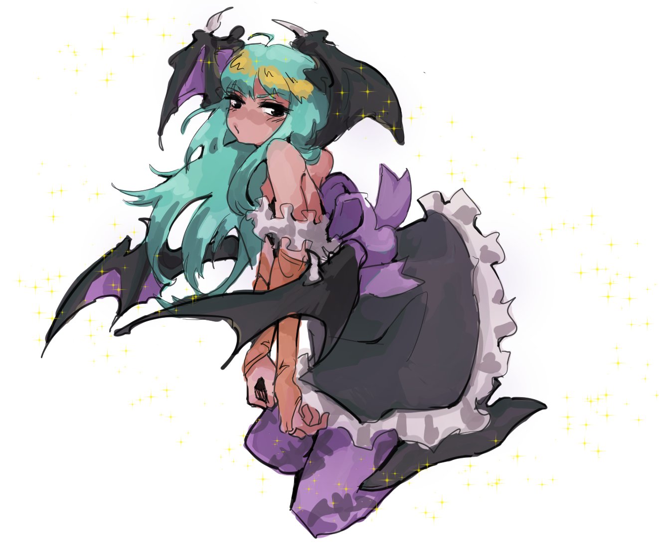 adapted_costume ahoge alternate_costume black_footwear black_wings boots demon_girl demon_wings elbow_gloves espchimo gloves green_hair head_wings long_hair maid maid_day morrigan_aensland orange_gloves print_legwear purple_legwear sparkle vampire_(game) white_background wings