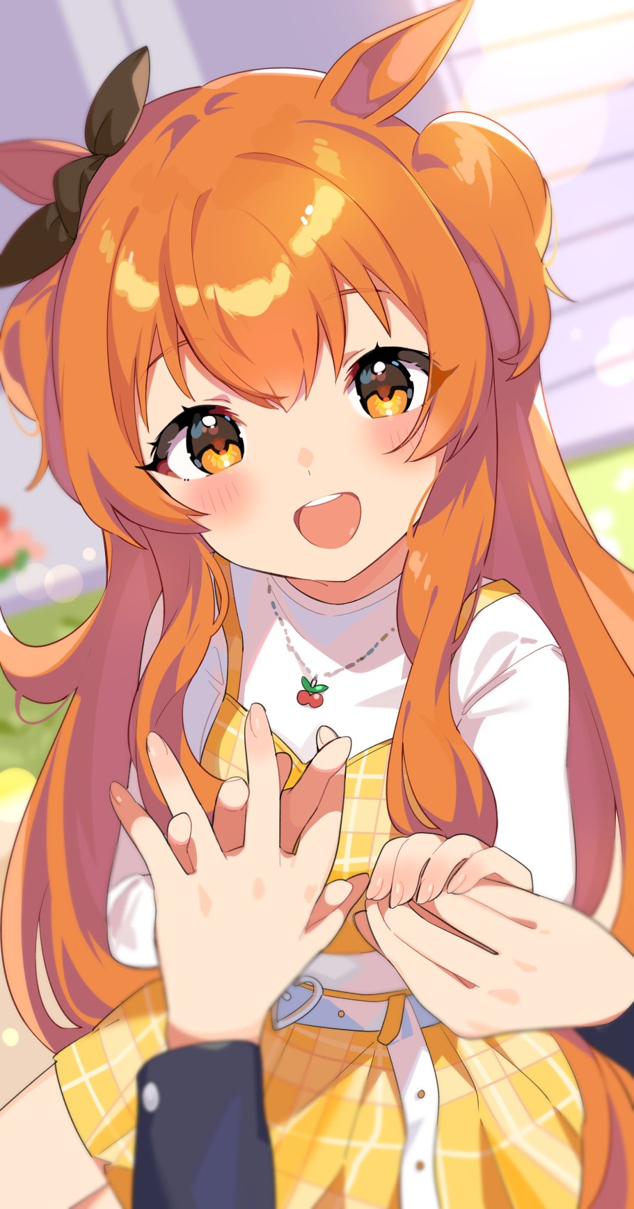 1girl animal_ears belt blurry blurry_background blush casual commentary_request highres holding_hands horse_ears inuyama_nanami jewelry looking_at_viewer mayano_top_gun_(umamusume) necklace open_mouth orange_eyes orange_hair pov pov_hands solo_focus twintails two_side_up umamusume